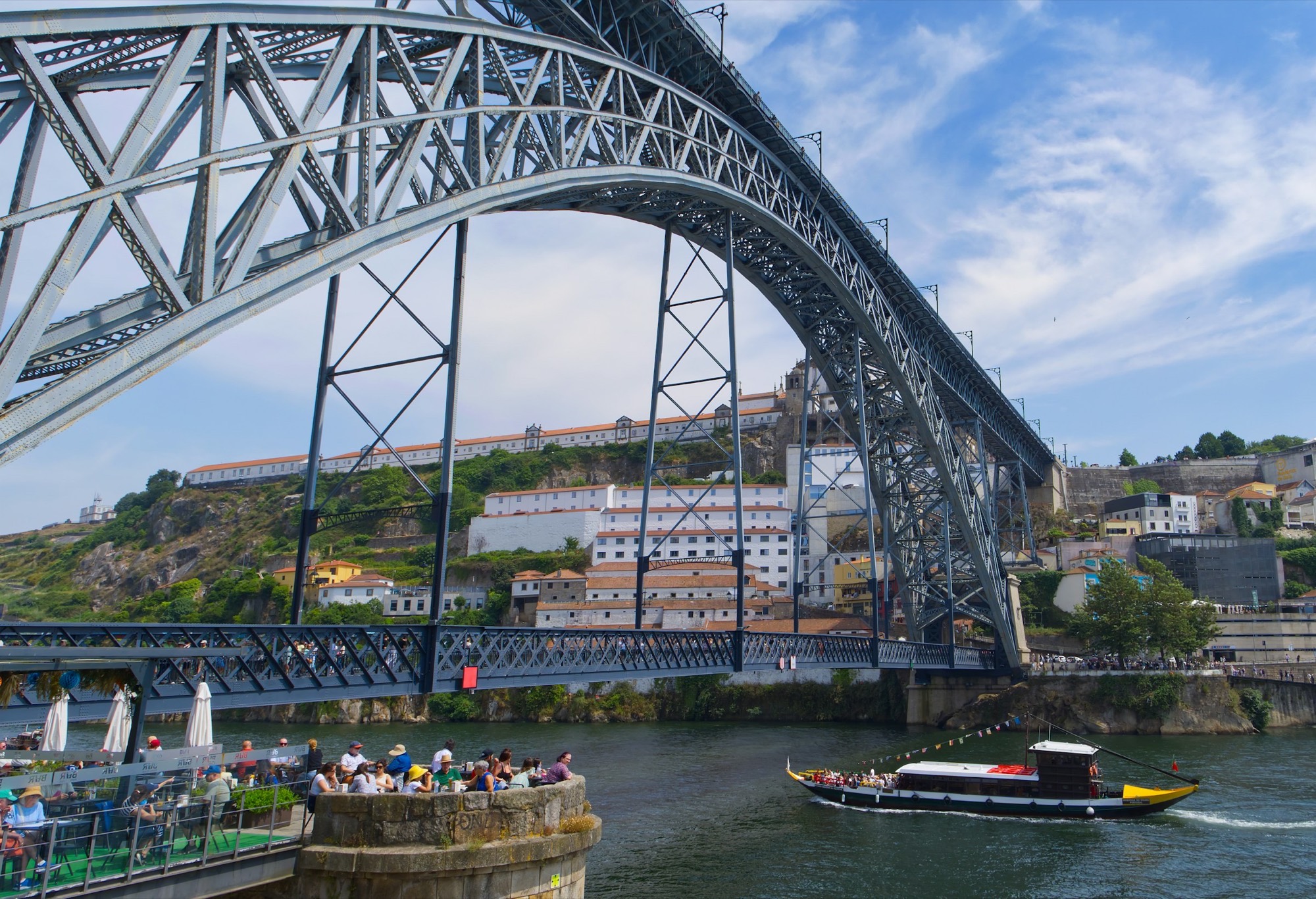 Ponte Dom Luís I sobre o rio Douro com barcos rabelo ao entardecer
